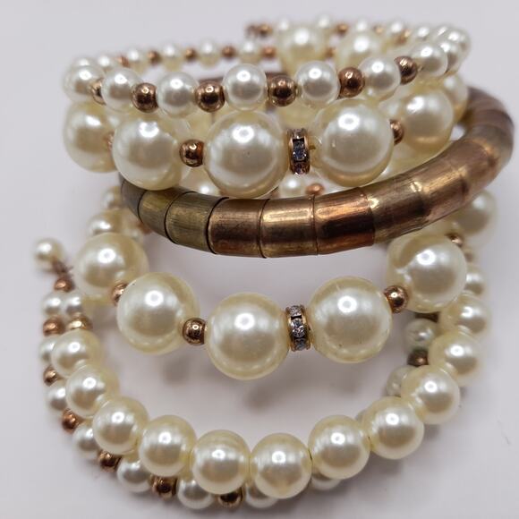 Vintage Memory Wire Faux Pearl Wide Brass Bead Bracelet, 44 Inches - Picture 10 of 10